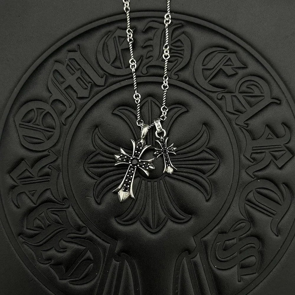 Chrome Hearts double Cross Necklace Black &Silver