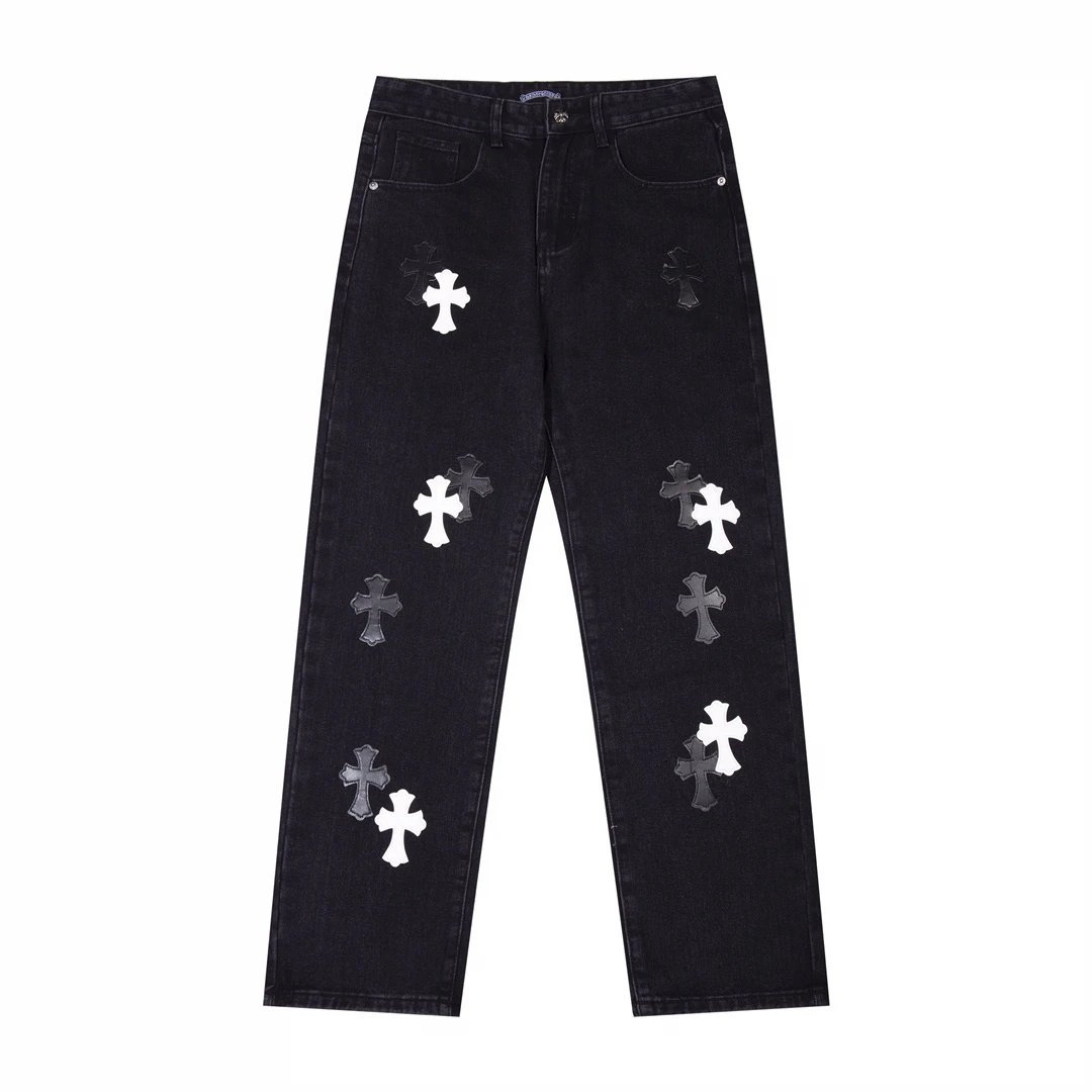 Chrome Hearts White & Grey Crosses Jeans Black