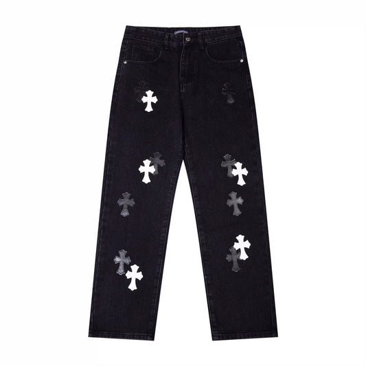 Chrome Hearts White & Grey Crosses Jeans Black