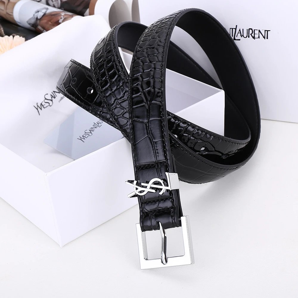 YSL Small icon Belt Silver Black