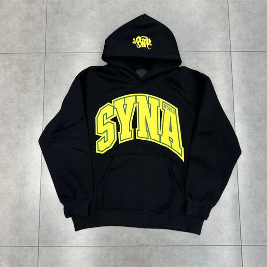 Syna World yellow writing Hoodie Black