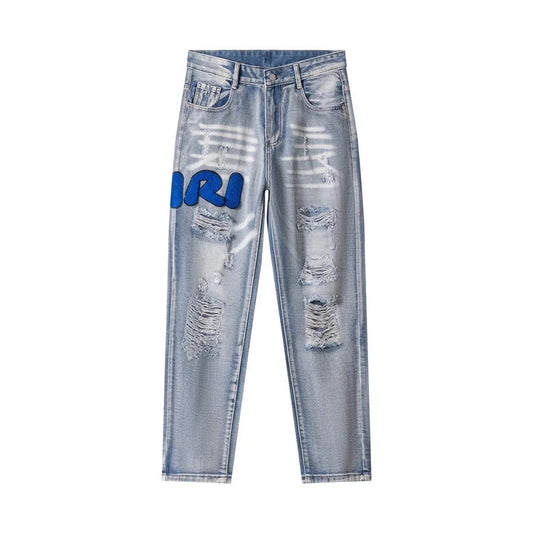 Amiri Ripped Blue Font Jeans