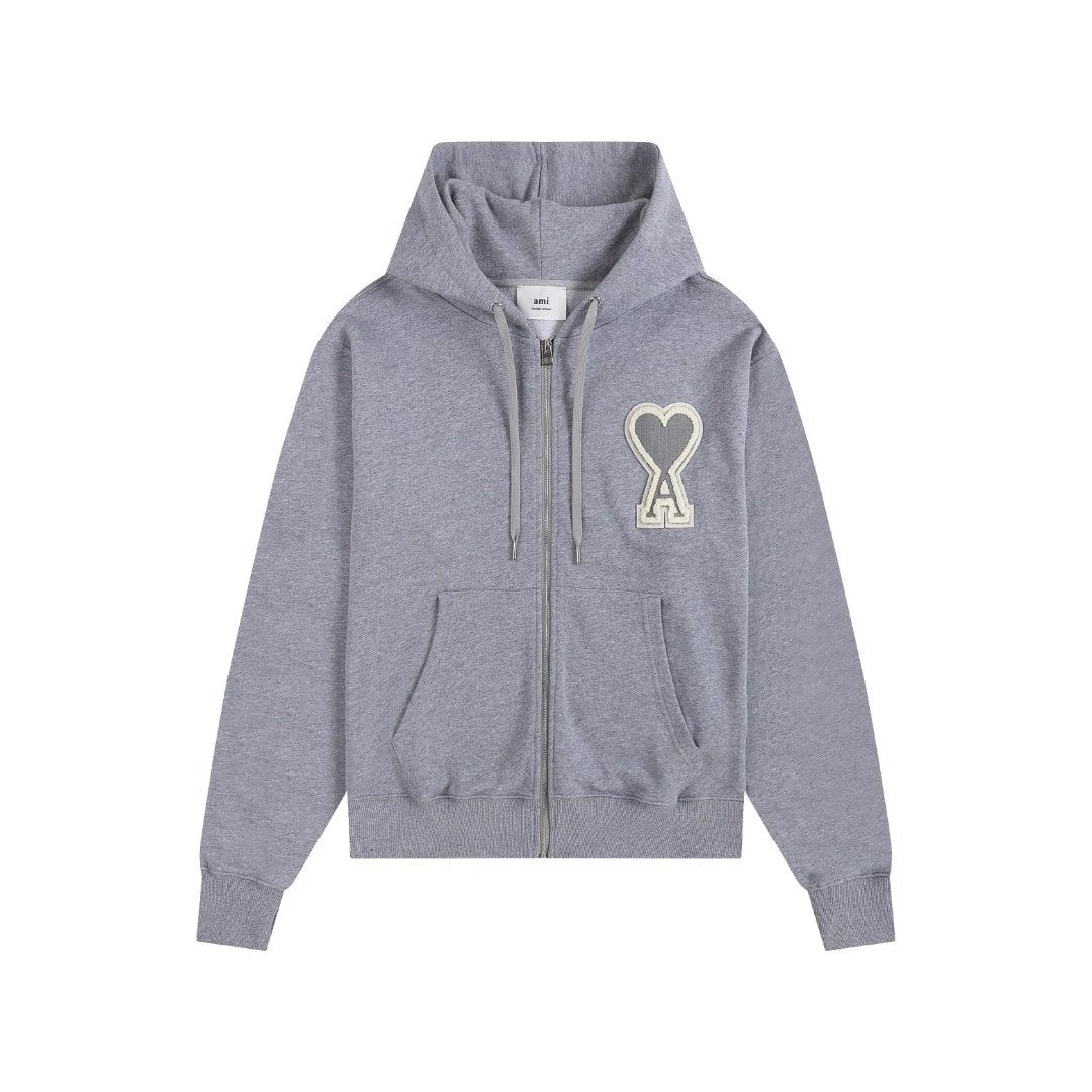 Ami Zip-Up Big Stitching Hoodie Grey