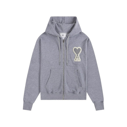 Ami Zip-Up Big Stitching Hoodie Grey