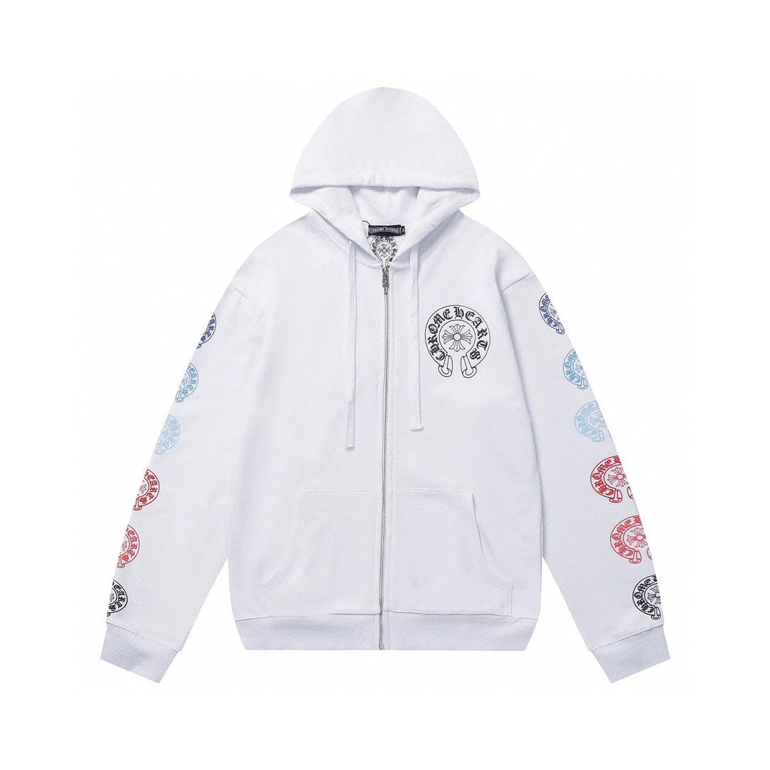 Chrome Hearts colorfull sleeve icons Zip-Up Hoodie White