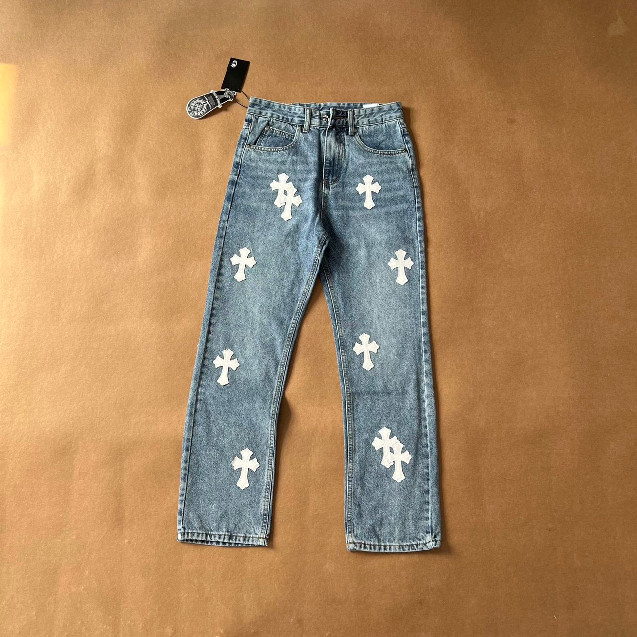 Chrome Hearts White Crosses Jeans Blue
