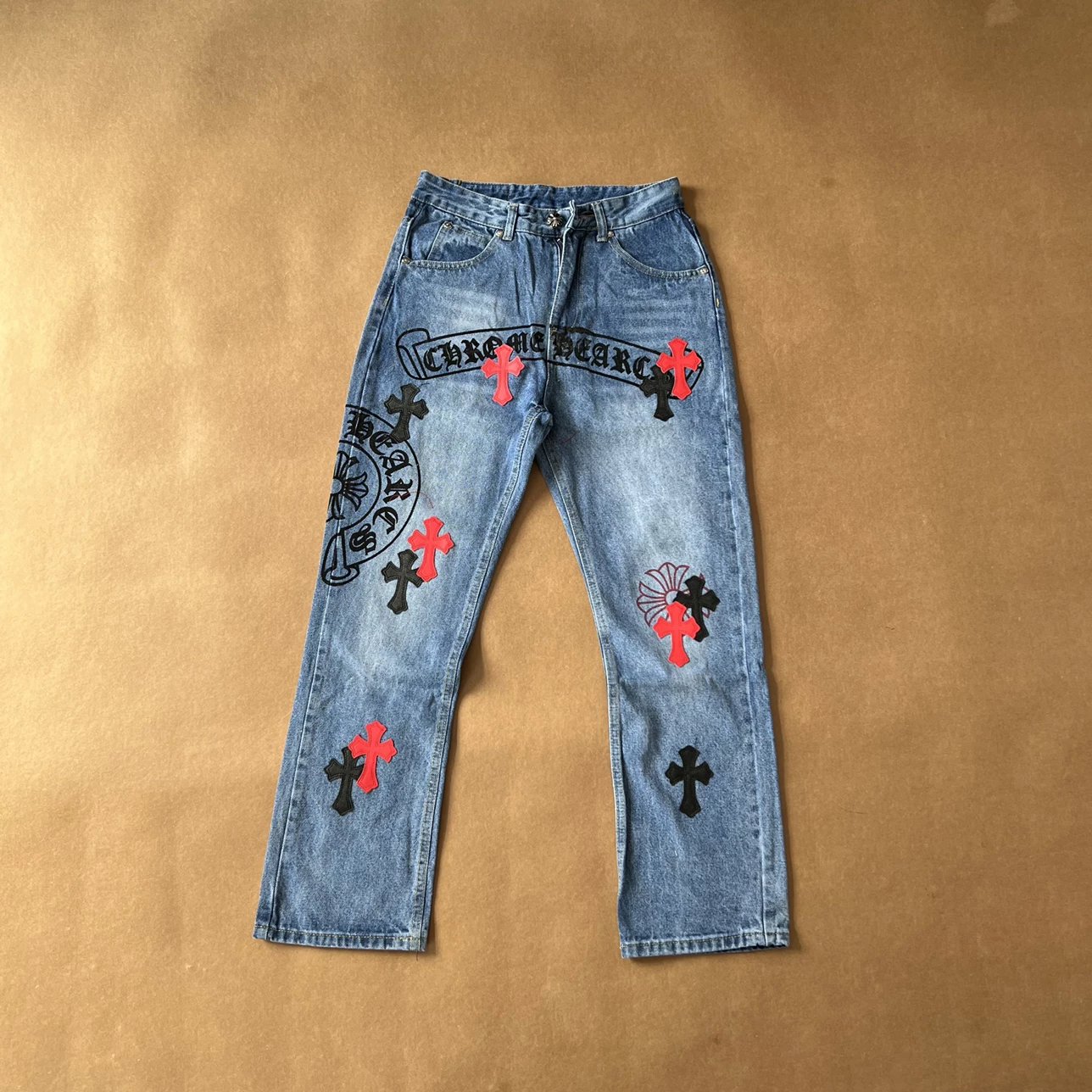 Chrome Hearts Black & Red Crosses Jeans Blue