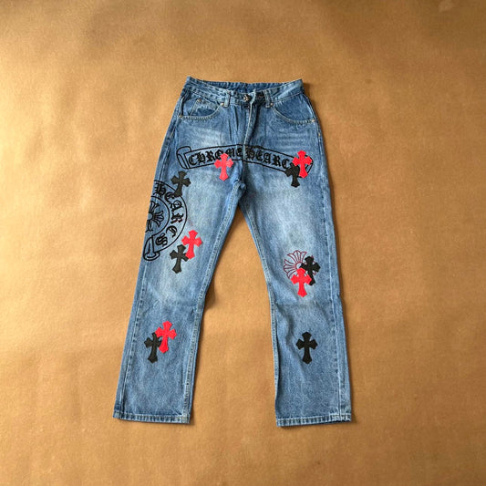 Chrome Hearts Black & Red Crosses Jeans Blue